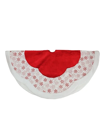 Northlight 48" Country Cabin Red and White Glitter Snowflake Scallop Christmas Tree Skirt with Faux Fur Border