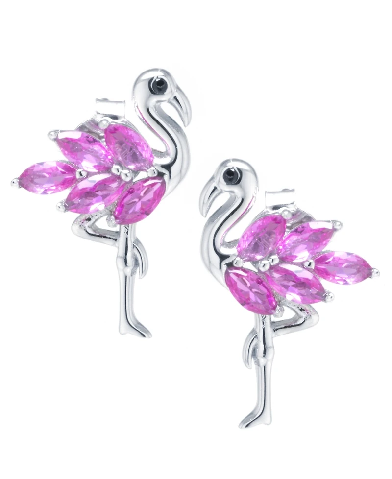 Cubic Zirconia Pink Flamingo Stud Earrings in Sterling Silver