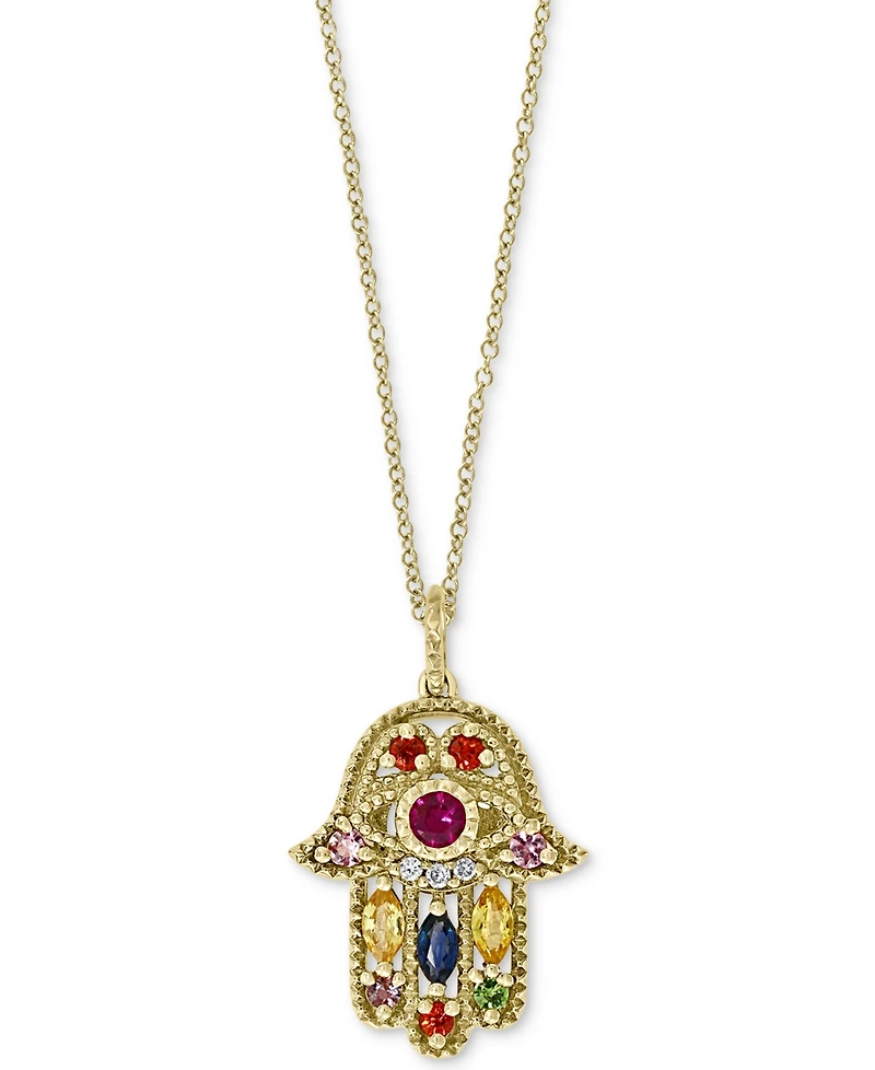 Effy Multi-Gemstone (5/8 ct. t.w.) & Diamond Accent Hamsa Hand 18" Pendant Necklace in 14k Gold