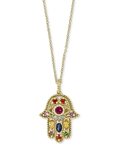 Effy Multi-Gemstone (5/8 ct. t.w.) & Diamond Accent Hamsa Hand 18" Pendant Necklace in 14k Gold