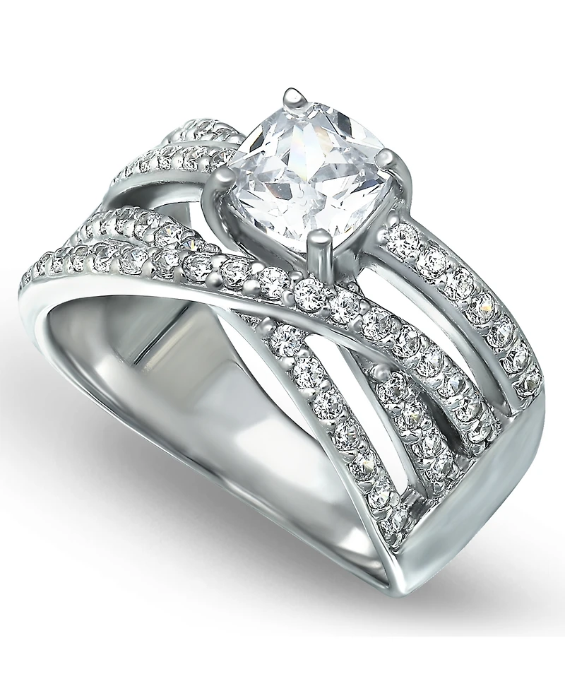 Cubic Zirconia Intertwined Band with Cushion Prong Center Ring in Silver Plate