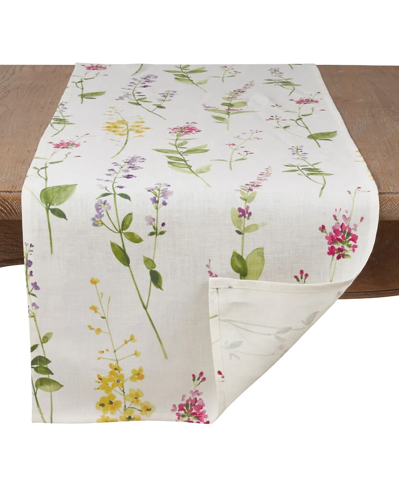 Saro Lifestyle Linen Table Runner with Watercolor Floral Stem Design