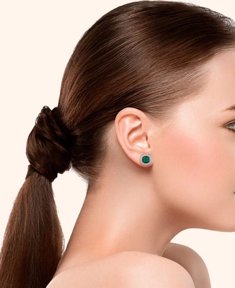 Birthstone Cushion Halo Solitaire Stud Earrings in Silver Plate