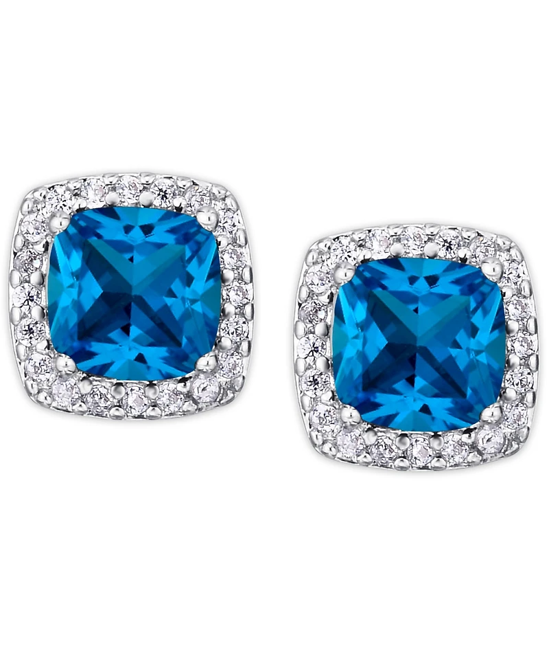 Birthstone Cushion Halo Solitaire Stud Earrings Silver Plate