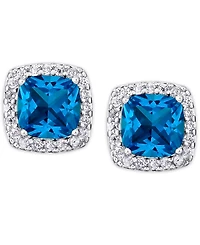 Birthstone Cushion Halo Solitaire Stud Earrings Silver Plate