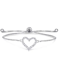 Cubic Zirconia Heart Adjustable Slider Bolo Bracelet in Silver Plate