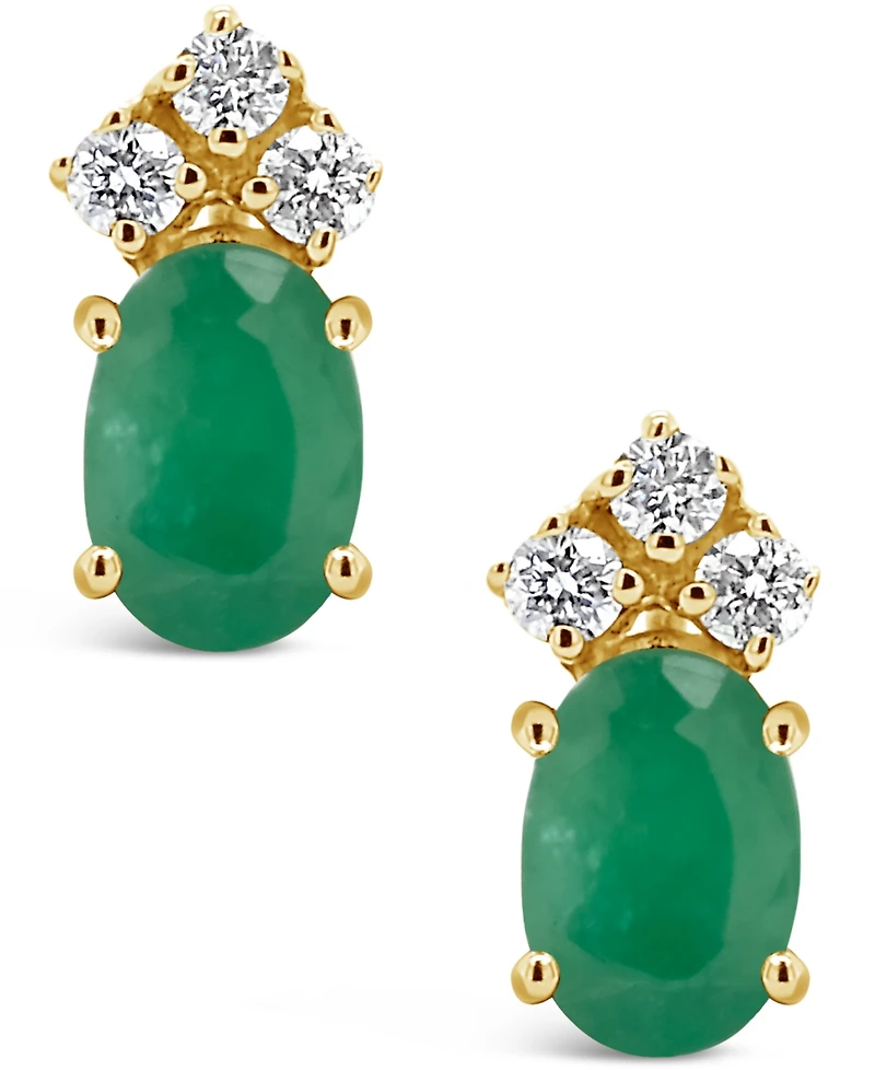 Emerald (1 ct. t.w.) and Diamond (1/8 ct. t.w.) Stud Earrings in 14k Yellow Gold
