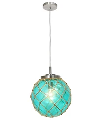 Elegant Designs Buoy Netted Brushed Nickel Coastal Ocean Sea Glass Pendant with Natural Rope