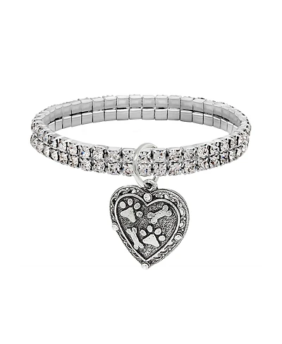 2028 Silver-Tone Two Row Crystal Stretch Bracelet with Paw and Bones Heart Charm
