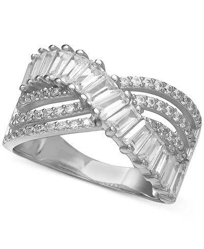 Cubic Zirconia Triple Row Baguette & Pave Crossover Ring (3 ct. t.w.) Sterling Silver or 18K Gold over