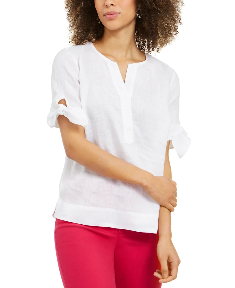 Charter Club Petite 100% Linen Split-Neck Tie Sleeve Top, Created for Macy's