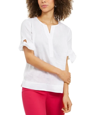 Charter Club Petite 100% Linen Split-Neck Tie Sleeve Top, Created for Macy's