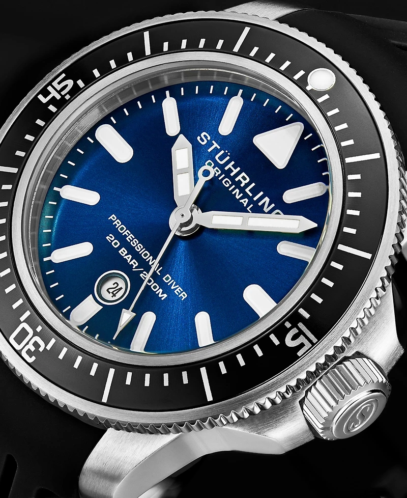 Stuhrling Men's Black Silicone Rubber Strap Watch 43mm