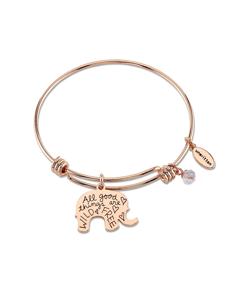 Unwritten "All Good Things are Wild and Free" Elephant Charm Adjustable Bangle Bracelet in Rose Gold-Tone Stainless Steel with Silver Plated Charms