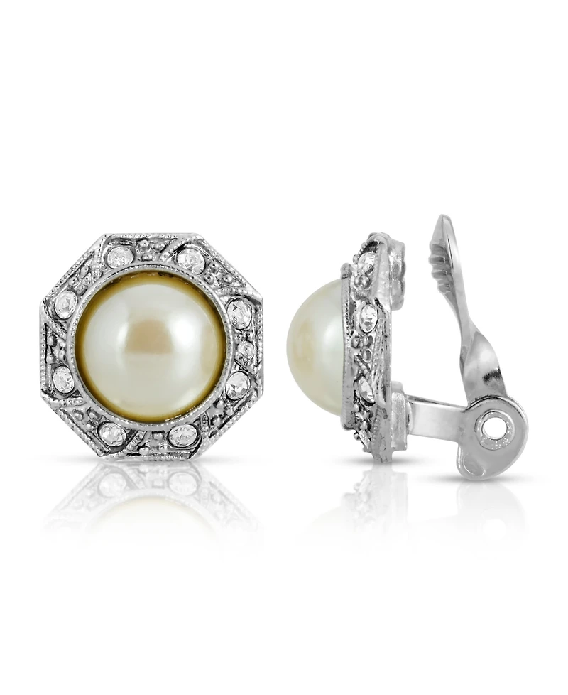 2028 Gold Tone Imitation Pearl Crystal Round Button Clip Earring