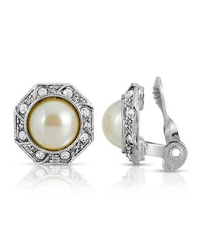 2028 Gold Tone Imitation Pearl Crystal Round Button Clip Earring