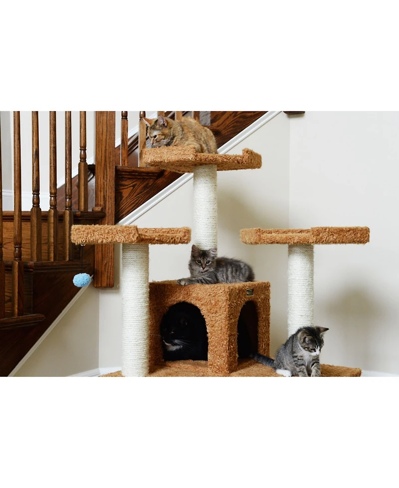 Armarkat 74" Multi-Level Real Wood Cat Tree with ScratchhIng Posts, Large Platform, and Sisal Scratching Posts in Ochre Brown