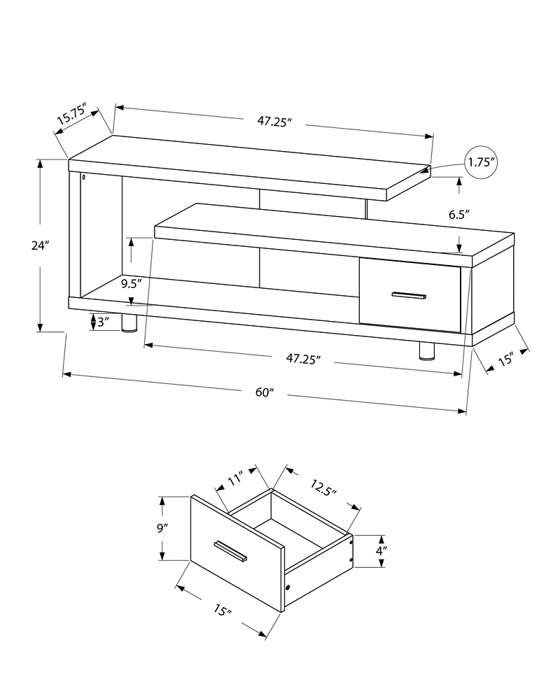Monarch Specialties Tv Stand - 60" L Top with 1 Drawer