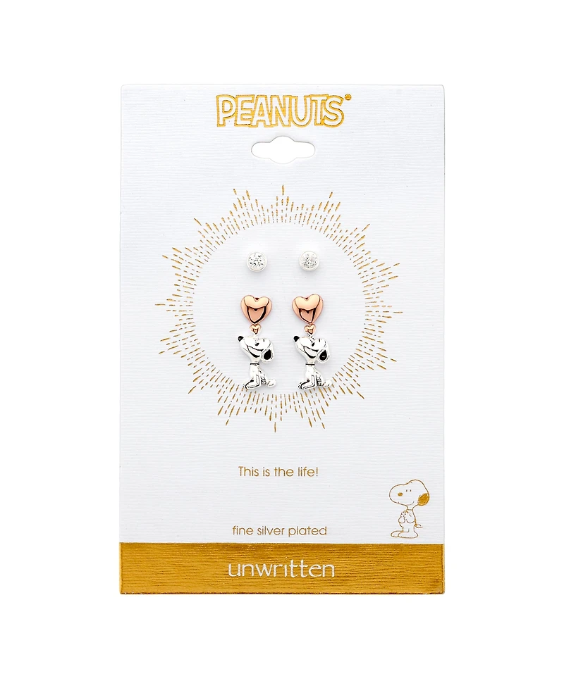 Unwritten Three Pair Silver Plated Snoopy Earring Set with Rose Gold Heart and Cz Bezel Stud