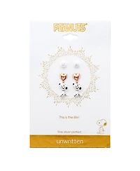 Unwritten Three Pair Silver Plated Snoopy Earring Set with Rose Gold Heart and Cz Bezel Stud