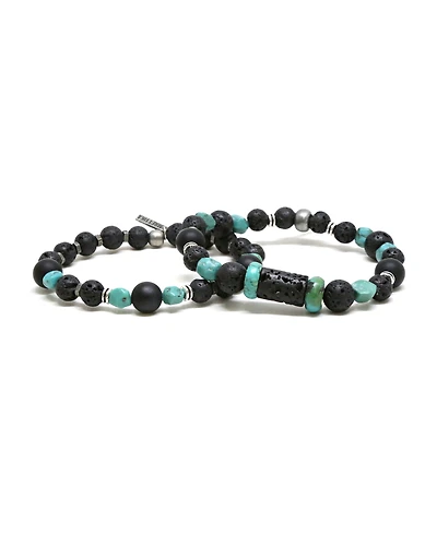 Mr Ettika Raw Lava Stone and Turquoise Elastic Beaded Bracelet, Pack of 2