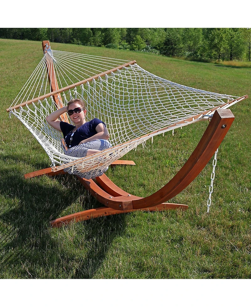 Cotton Double Wide 2-Person Rope Hammock with Spreader Bars and Curved Arc Wood Stand - 400 lb Weight Capacity /13' Stand