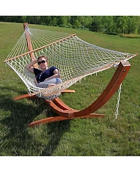 Cotton Double Wide 2-Person Rope Hammock with Spreader Bars and Curved Arc Wood Stand - 400 lb Weight Capacity /13' Stand