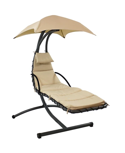 Outdoor Hanging Chaise Floating Lounge Chair with Canopy Umbrella and Arc Stand