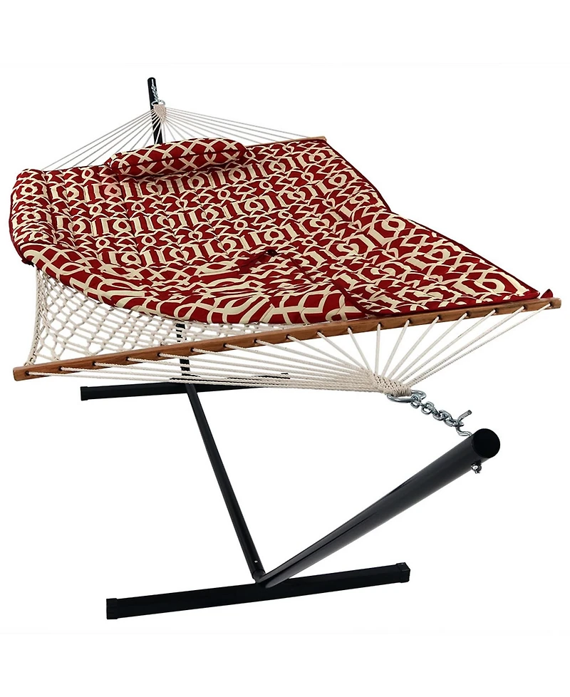 Cotton Rope Freestanding Hammock with Spreader Bar with Portable Steel Stand and Pad and Pillow Set - 12' Stand