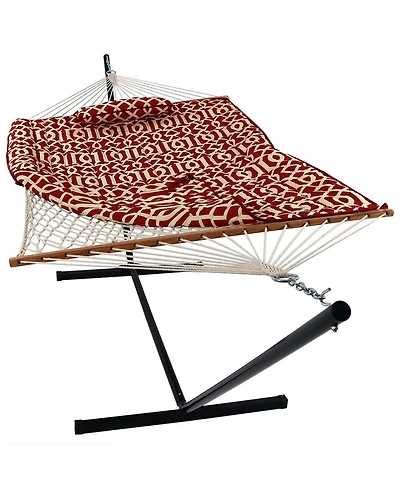 Cotton Rope Freestanding Hammock with Spreader Bar with Portable Steel Stand and Pad and Pillow Set - 12' Stand