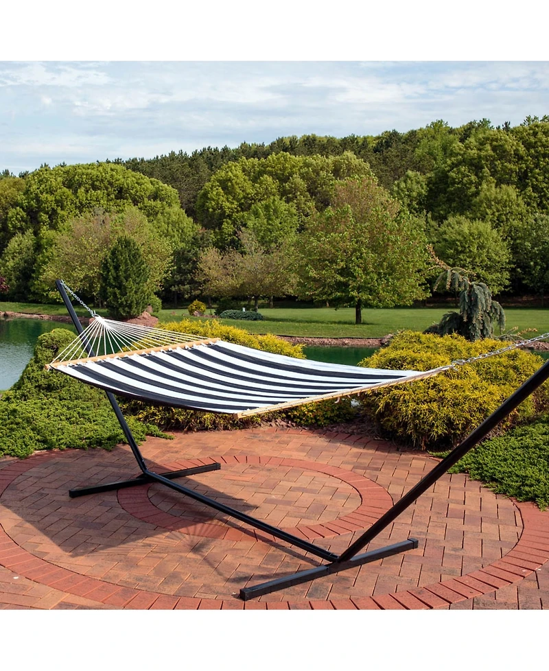Outdoor 2-Person Quilted Fabric Hammock with Spreader Bars and Freestanding Stand