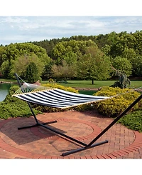 Outdoor 2-Person Quilted Fabric Hammock with Spreader Bars and Freestanding Stand