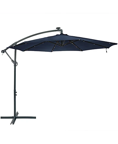 10-Foot Offset Cantilever Solar Patio Umbrella - Features Outdoor Led Lights, Crank, and Cross Base - Navy Blue