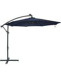 10-Foot Offset Cantilever Solar Patio Umbrella - Features Outdoor Led Lights, Crank, and Cross Base - Navy Blue