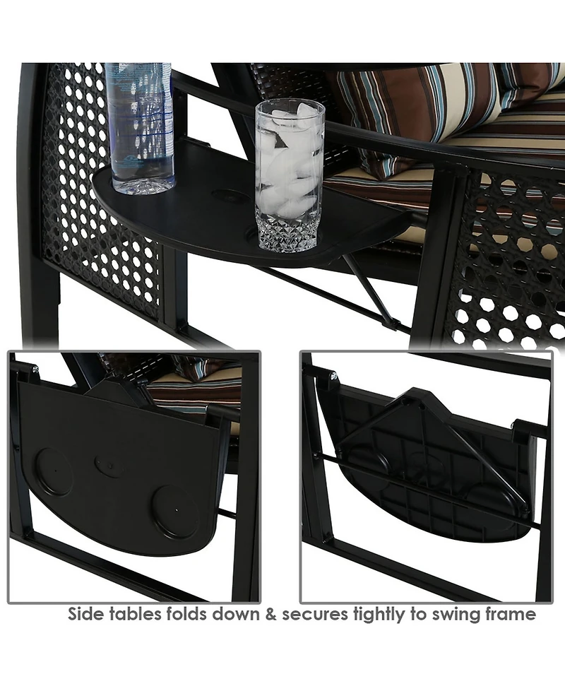 3-Seat Patio Swing with Steel Frame and Canopy - 600-Pound Weight Capacity - Brown Stripe Cushions