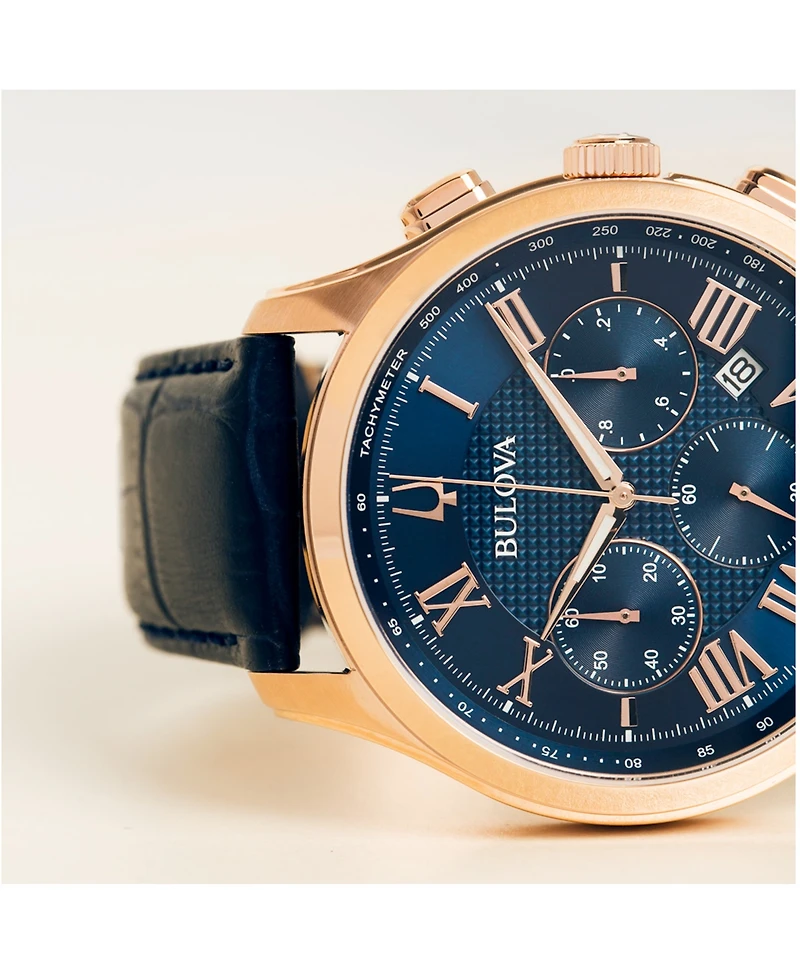 Bulova Men's Chronograph Wilton Blue Leather Strap Watch 46.5mm