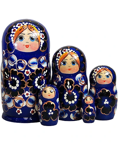 G.DeBrekht Blue Floral 5 Piece Russian Matryoshka Nested Doll Set