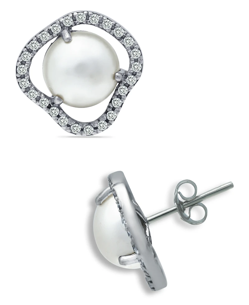 Imitation Pearl Cubic Zirconia Halo Button Earring in Silver Plate