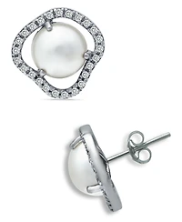 Imitation Pearl Cubic Zirconia Halo Button Earring in Silver Plate