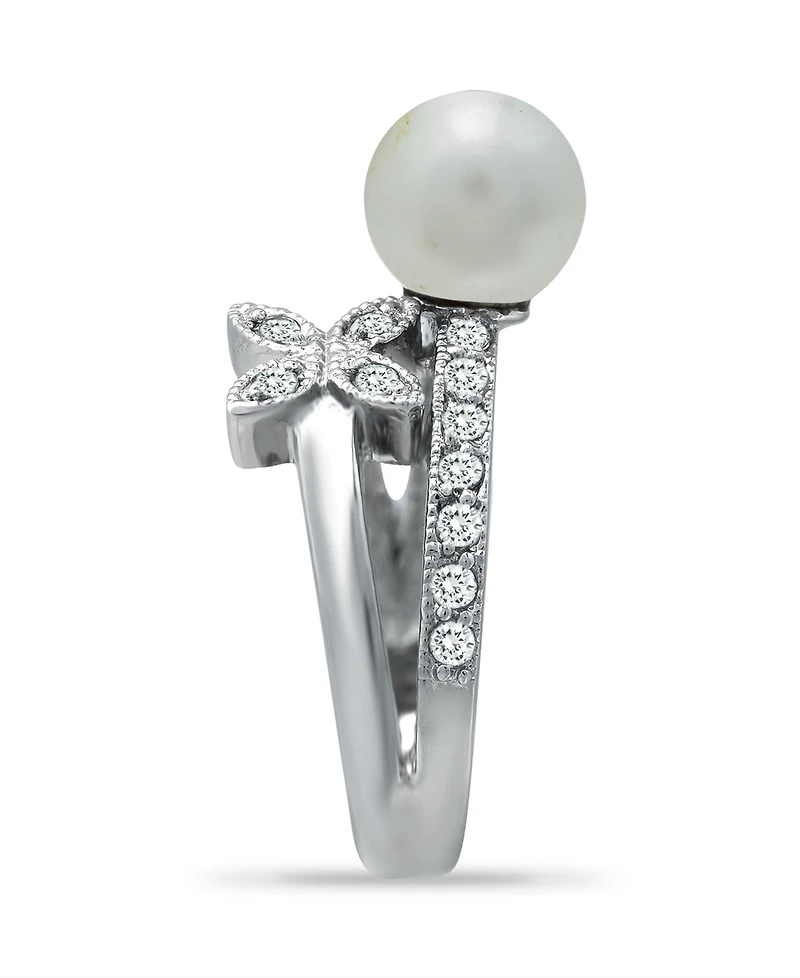 Imitation Pearl Cubic Zirconia Butterfly Ring Silver Plate