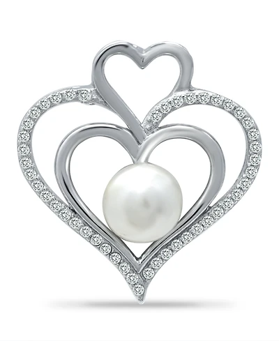 Imitation Pearl and Cubic Zirconia Pave Triple Heart Slide Pendant on in Silver Plate 18"
