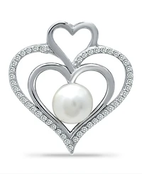 Imitation Pearl and Cubic Zirconia Pave Triple Heart Slide Pendant on in Silver Plate 18"