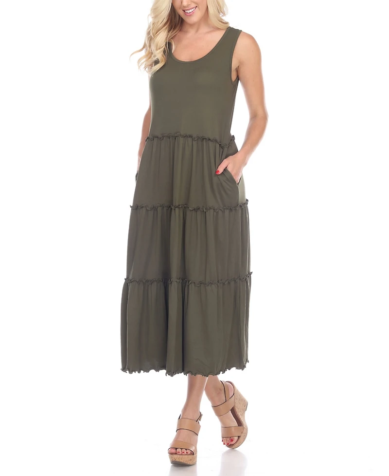 White Mark Women's Scoop Neck Tiered Midi Dress