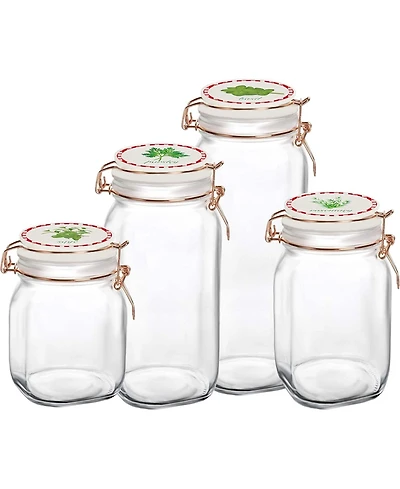 Circle Glass Canister with Herb Decal Ceramic Lid, Set of 4