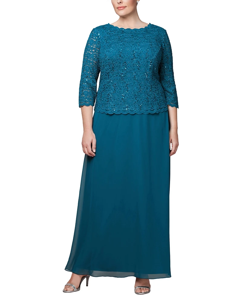 Alex Evenings Plus Sequined Scalloped Edge Lace Top Gown