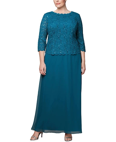 Alex Evenings Plus Sequined Scalloped Edge Lace Top Gown