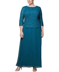 Alex Evenings Plus Sequined Scalloped Edge Lace Top Gown