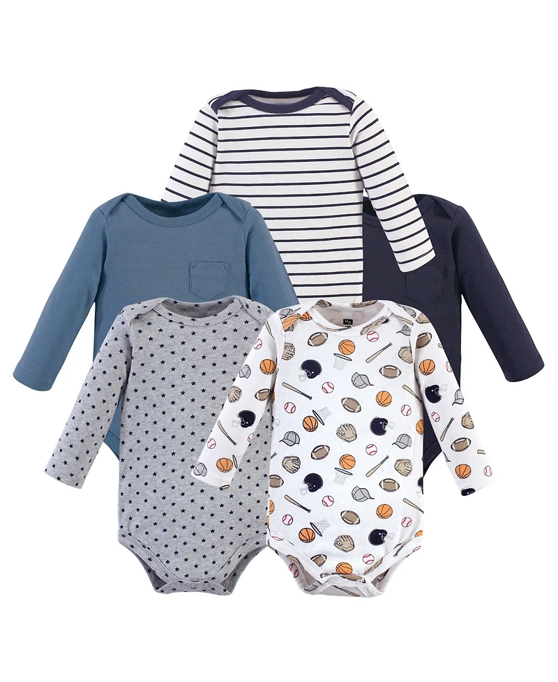 Hudson Baby Boys Soft Cotton Long-Sleeve Bodysuit Bundle (5-Count)