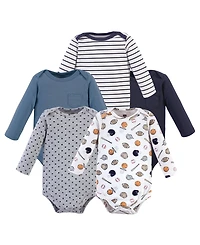 Hudson Baby Boys Soft Cotton Long-Sleeve Bodysuit Bundle (5-Count)