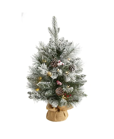 Nearly Natural Flocked Artificial Christmas Tree with 30 Clear Lights, 73 Bendable Branches, Pine Cones and Berries
